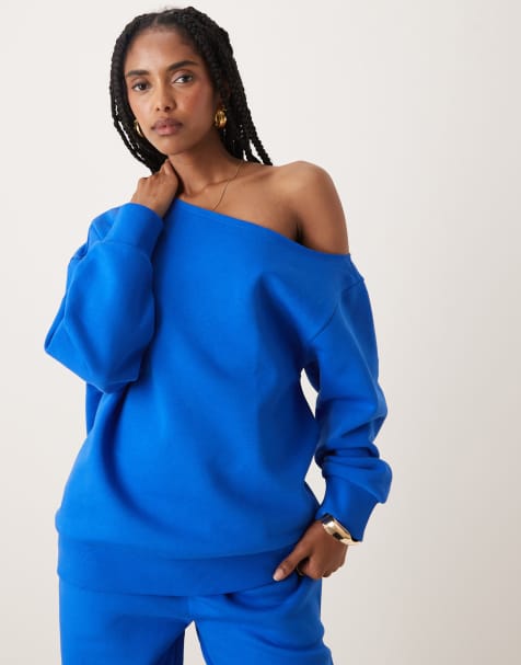 ASOS DESIGN off shoulder brushback sweatshirt in blue - view 1