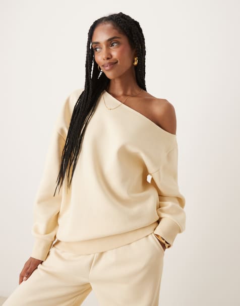 ASOS DESIGN off shoulder brushback sweatshirt in buttermilk - view 1