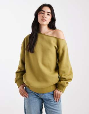 Asos Design Off-shoulder Brushback Sweatshirt In Green