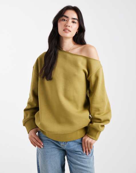 ASOS DESIGN off-shoulder brushback sweatshirt in green - view 1