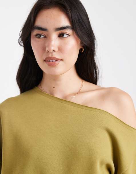 ASOS DESIGN off shoulder brushback sweatshirt in green - view 2
