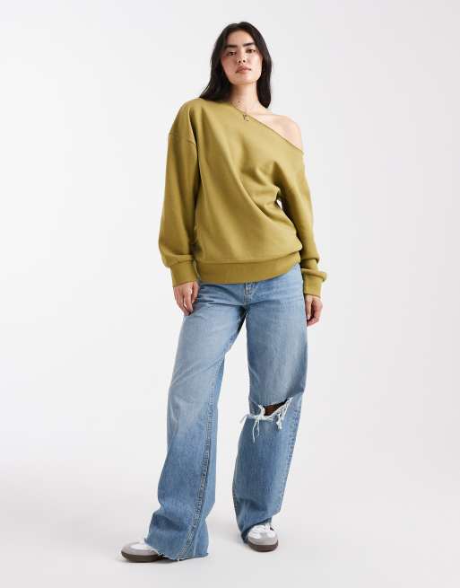 ASOS DESIGN off-shoulder brushback sweatshirt in green
