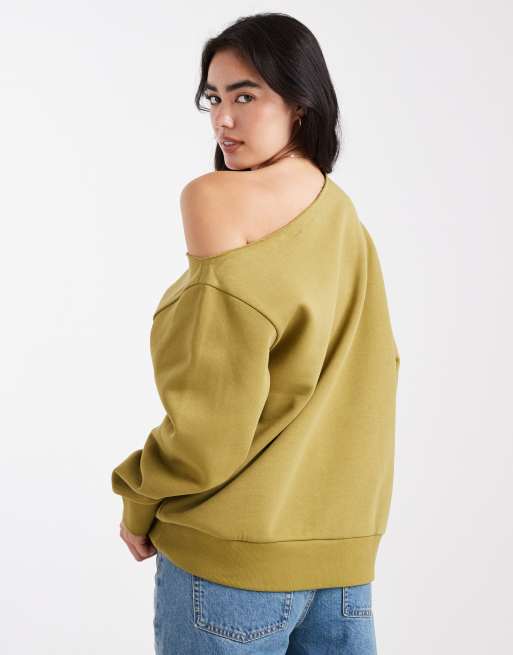 ASOS DESIGN off-shoulder brushback sweatshirt in green