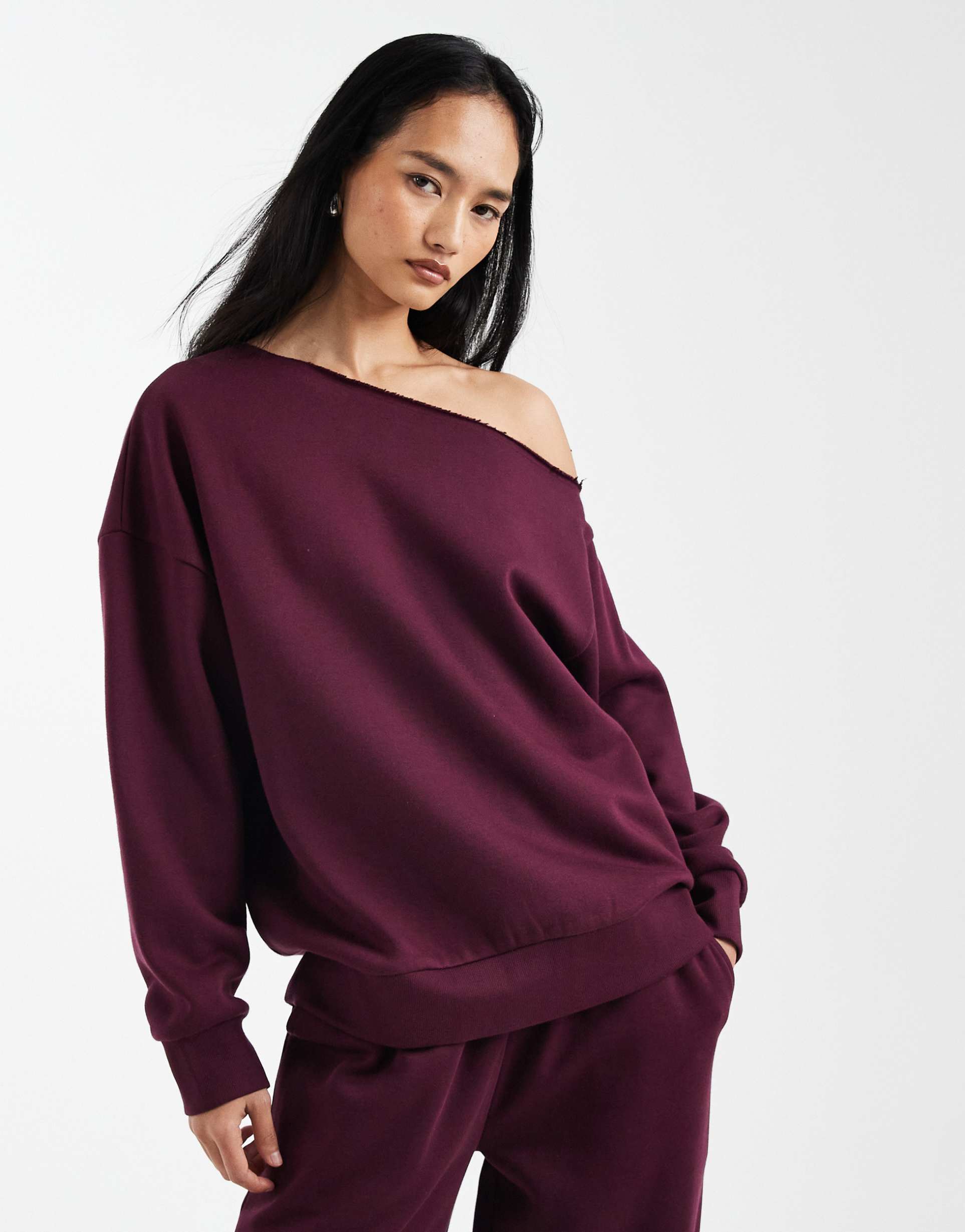 asos design off-shoulder brushback sweatshirt in plum