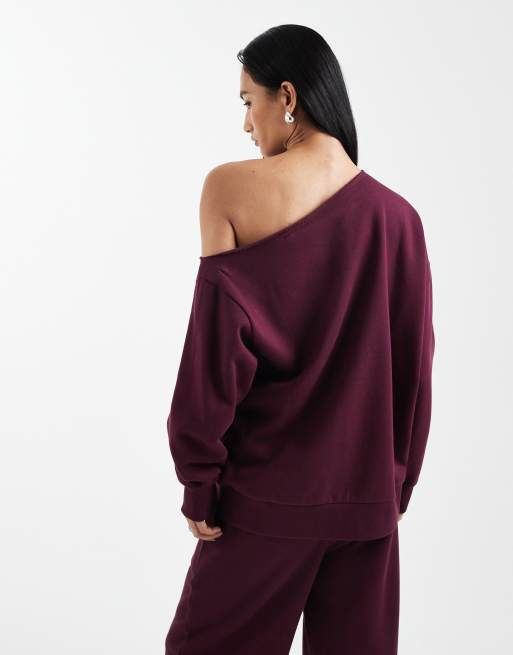 ASOS DESIGN off shoulder brushback sweatshirt in plum, 4 of 4