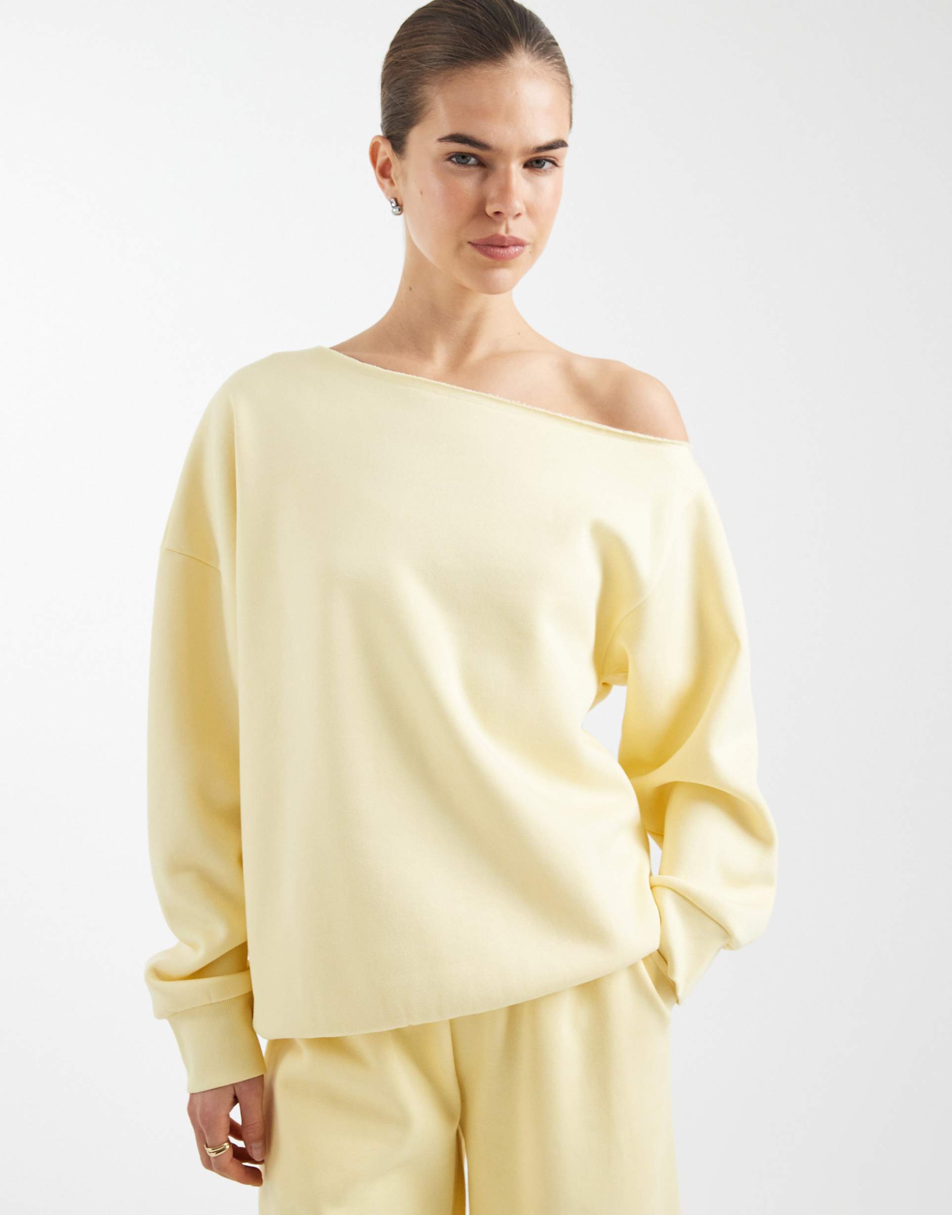 asos design off shoulder brushback sweatshirt in yellow