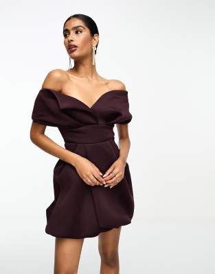 Asos Design Off-shoulder Bubble Mini Dress In Aubergine-purple