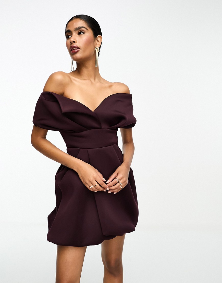 ASOS DESIGN off shoulder bubble mini dress in aubergine-Purple