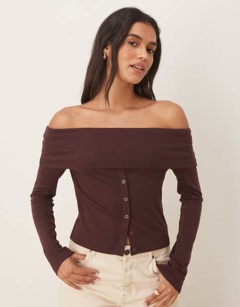 ASOS DESIGN off shoulder button down top in chocolate - view 1