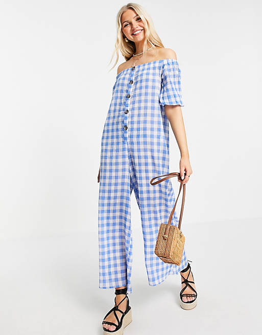 Jumpsuits & Playsuits off shoulder button front dobby jumpsuit in blue gingham 
