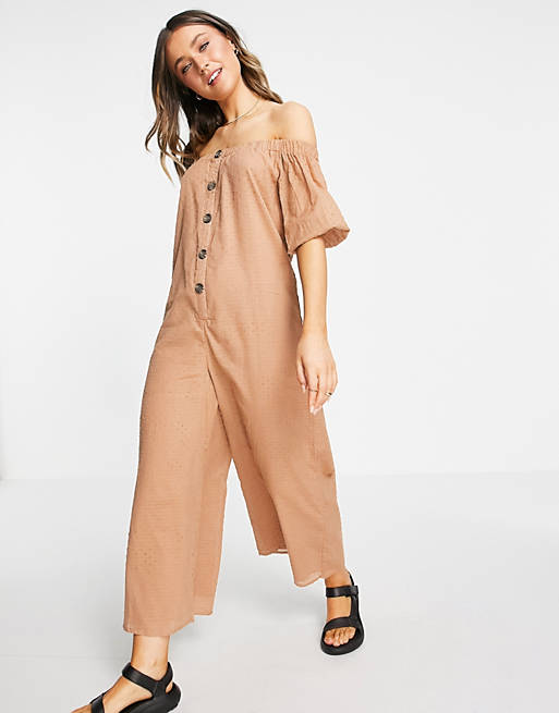  off shoulder button front dobby jumpsuit in mocha 