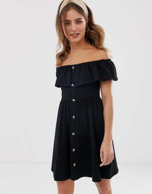 black off the shoulder button up dress