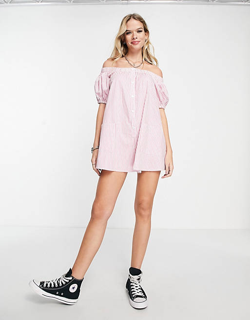 off shoulder button through swing playsuit in pink stripe 