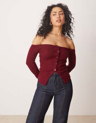 off shoulder cardigan in burgundy-Red