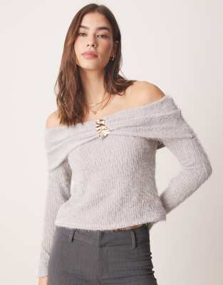 off shoulder chenille top with gold trim detail in gray