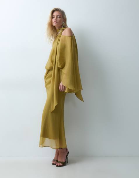 ASOS DESIGN off shoulder chiffon cape maxi dress with scarf in ochre - view 1