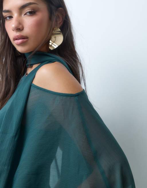 ASOS DESIGN off shoulder chiffon cape mini dress with scarf in teal, 3 of 5