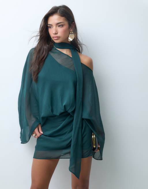 ASOS DESIGN off shoulder chiffon cape mini dress with scarf in teal, 4 of 5