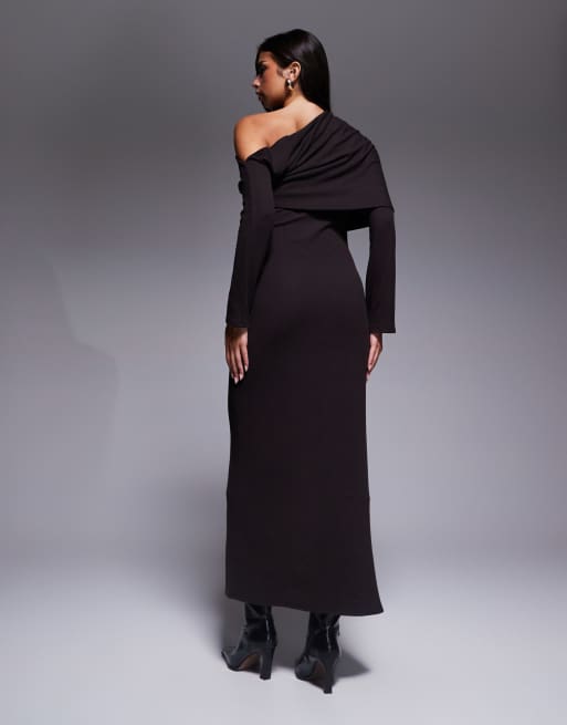 ASOS DESIGN off shoulder chunky fold over midi dress in chocolate, 4 of 4