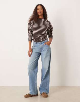 Asos Design Off Shoulder Cinched Brushed Stripe Top In Brown