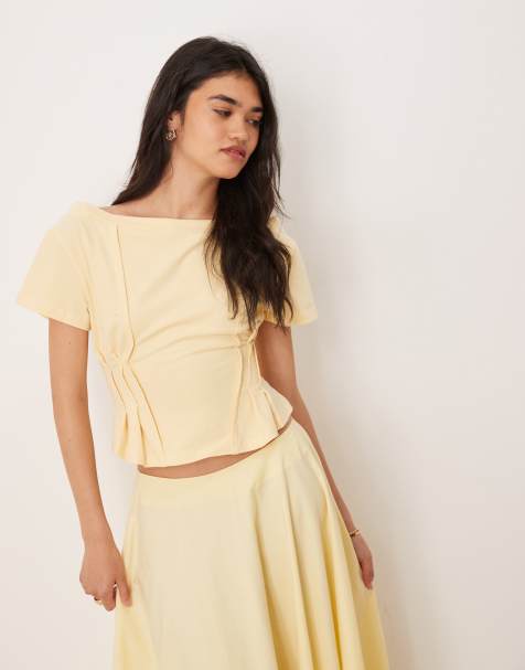 ASOS DESIGN off shoulder cinched waist detail tee in yellow - view 1