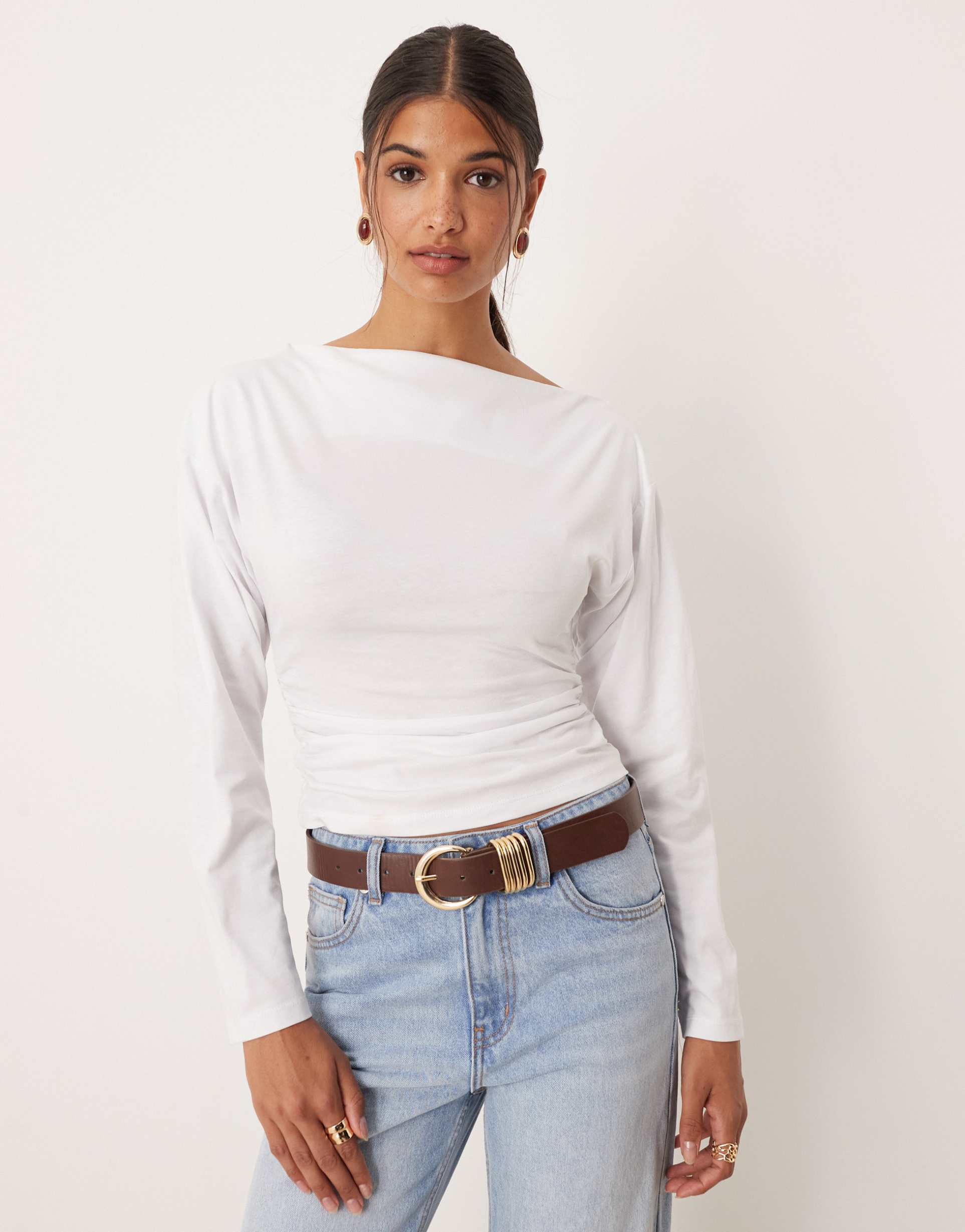 asos design off shoulder cinched waist long sleeve asymemetric top in white