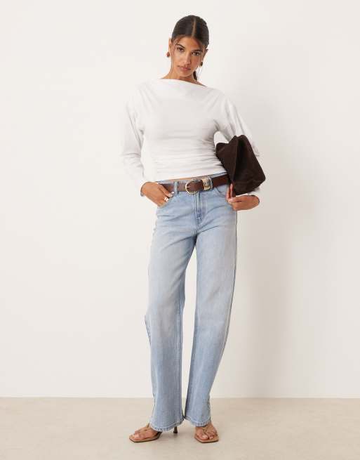 ASOS DESIGN off shoulder cinched waist long sleeve asymemetric top in white