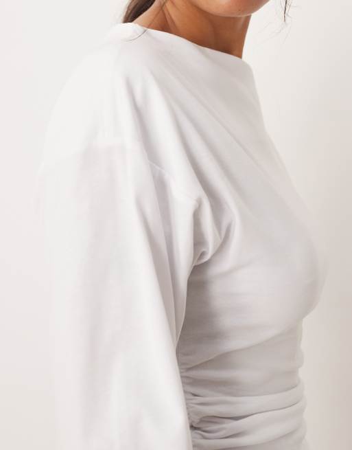 ASOS DESIGN off shoulder cinched waist long sleeve asymemetric top in white