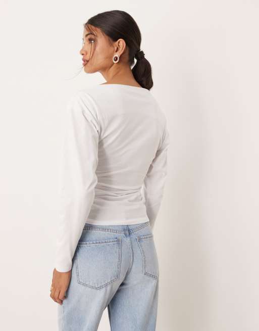 ASOS DESIGN off shoulder cinched waist long sleeve asymemetric top in white