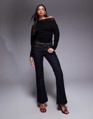 Asos Design Off-shoulder Cinched Waist Long Sleeve Asymmetric Top With Lace Trim In Black