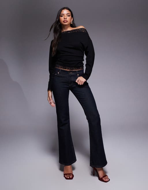 ASOS DESIGN off-shoulder cinched waist long sleeve asymmetric top with lace trim in black
