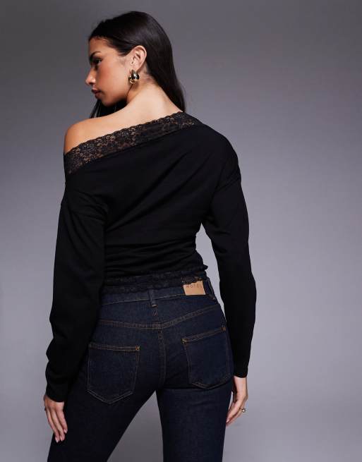 ASOS DESIGN off-shoulder cinched waist long sleeve asymmetric top with lace trim in black