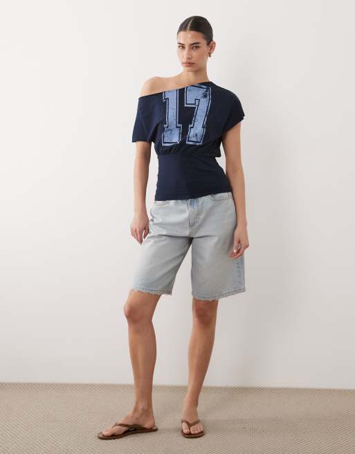 ASOS DESIGN off shoulder cinched waist T-shirt with varsity number graphic in navy, 2 of 4