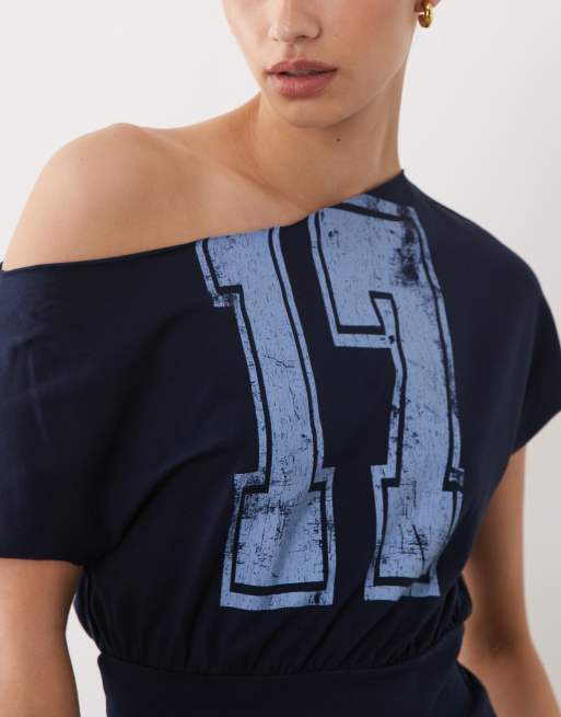 ASOS DESIGN off shoulder cinched waist T-shirt with varsity number graphic in navy, 3 of 4