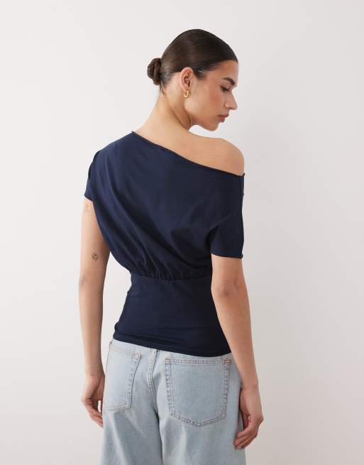 ASOS DESIGN off shoulder cinched waist T-shirt with varsity number graphic in navy, 4 of 4