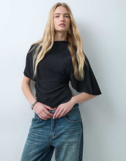 ASOS DESIGN off shoulder cinched waist textured top in black, 4 of 5