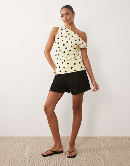 ASOS DESIGN off shoulder cinched waist top in buttermilk and black polka dot, 2 of 4