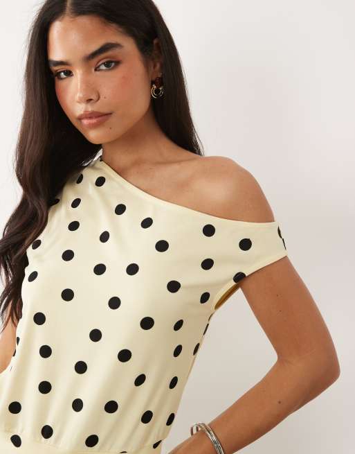 ASOS DESIGN off-shoulder cinched waist top in navy and ecru polka