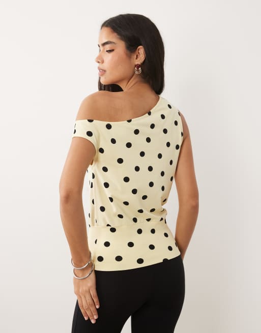 ASOS DESIGN off-shoulder cinched waist top in navy and ecru polka