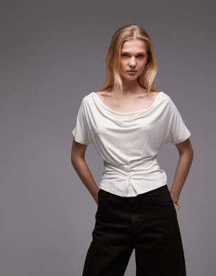 ASOS DESIGN off-shoulder cinched waist top with button details in ivory