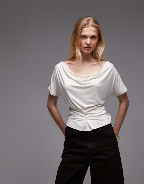 ASOS DESIGN off shoulder cinched waist top with button details in ivory - view 1