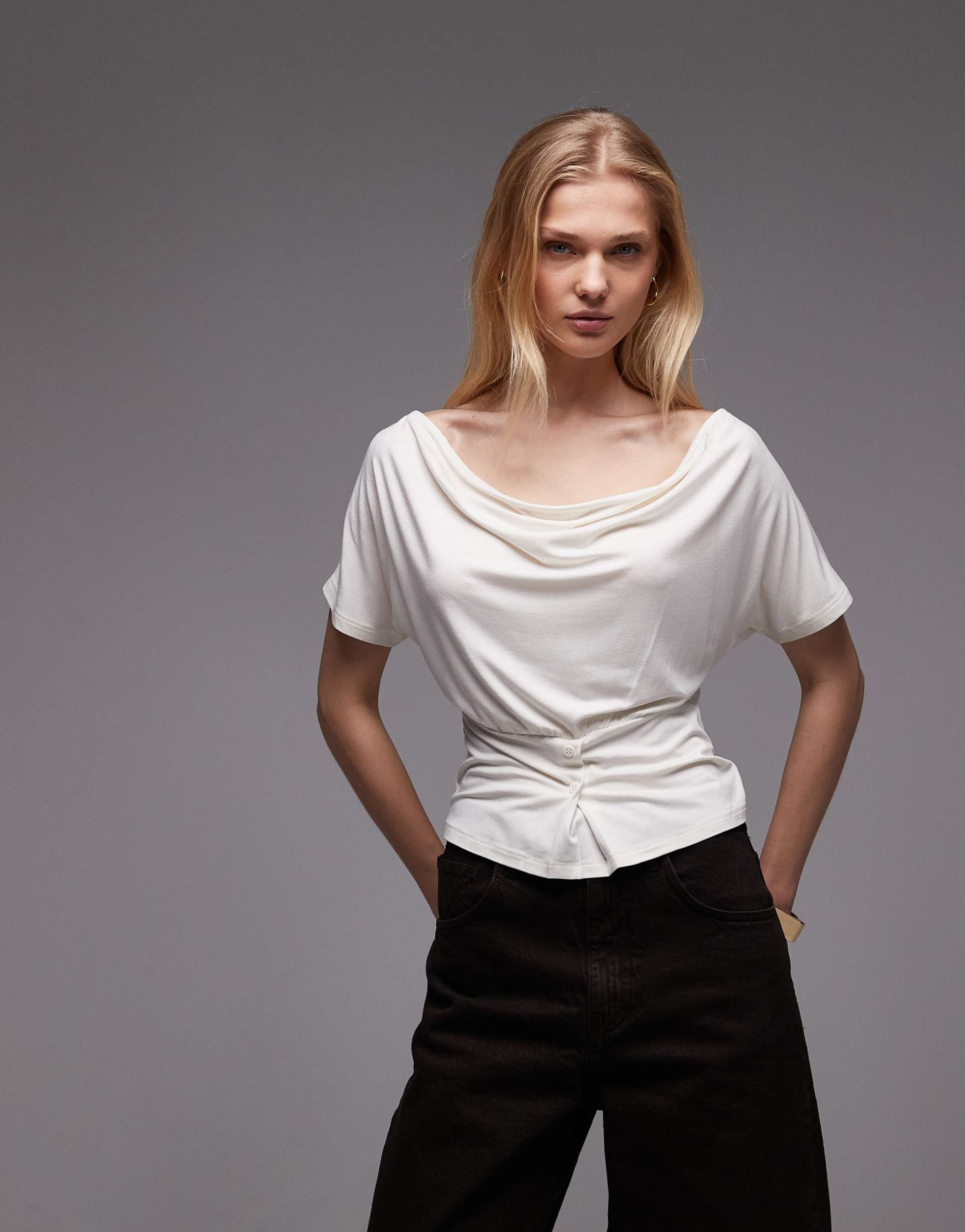 asos design off-shoulder cinched waist top with button details in ivory