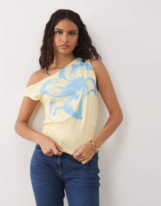 ASOS DESIGN off shoulder cinched waist top with lily flower graphic in buttermilk, 2 of 4