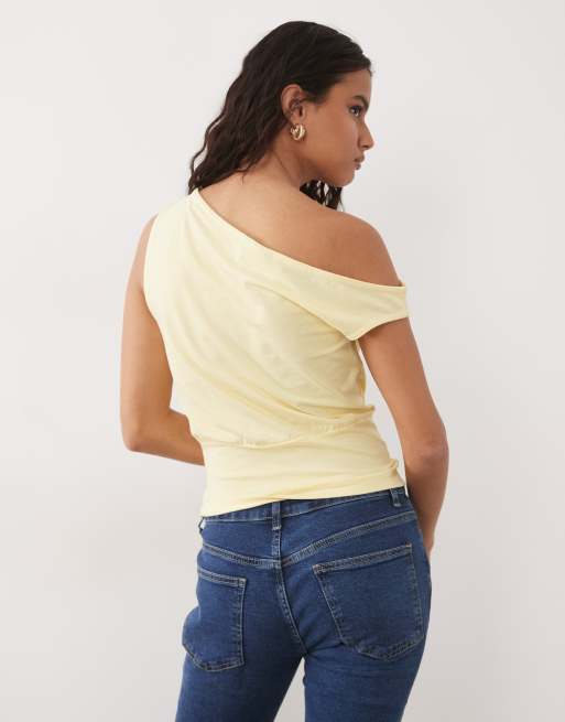 ASOS DESIGN off shoulder cinched waist top with lily flower graphic in buttermilk, 4 of 4
