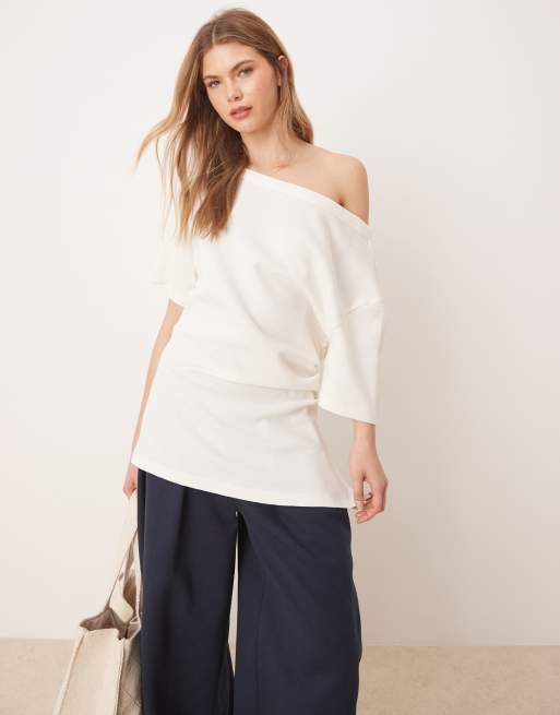 ASOS DESIGN off shoulder cinched waist waffle t-shirt in washed cream, 2 of 4