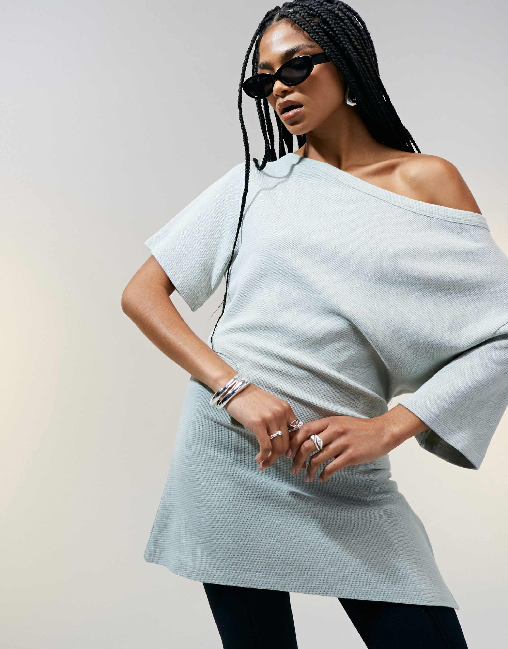 asos design off-shoulder cinched waist waffle t-shirt in washed sage