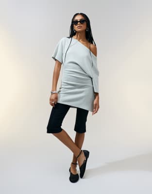 Asos Design Off-shoulder Cinched Waist Waffle T-shirt In Green