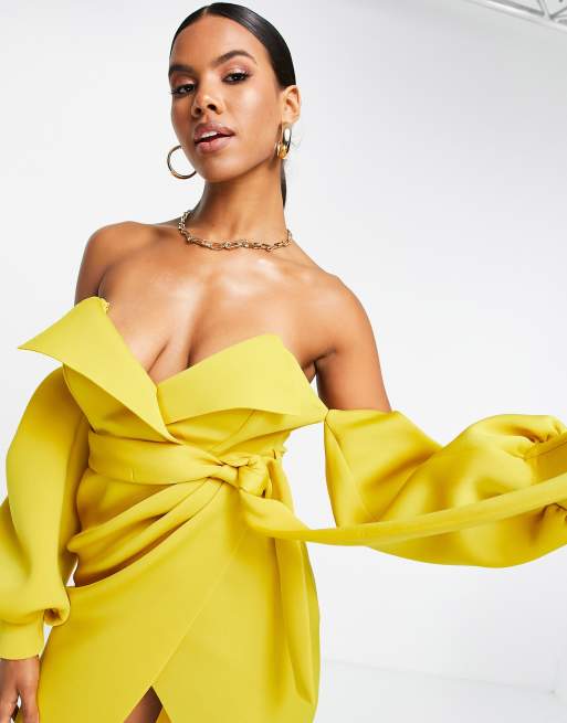 Off the shop shoulder mustard dress