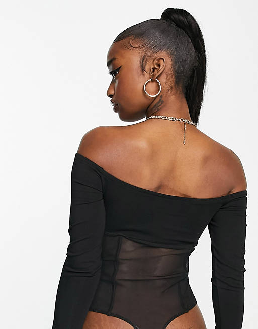 ASOS DESIGN off shoulder corset mesh detail bodysuit in black