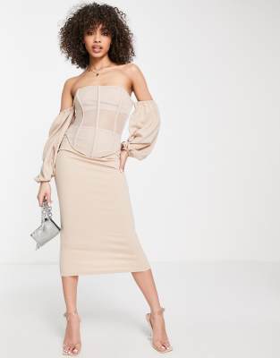 ASOS DESIGN off shoulder corset mesh pencil midi dress in stone-Neutral